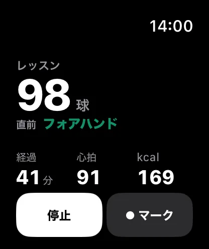 Apple Watch の計測中の画面。レッスン 219 球、直前はフォアハンド、経過 41 分、心拍 114、213 kcal。停止とマークのボタン。
